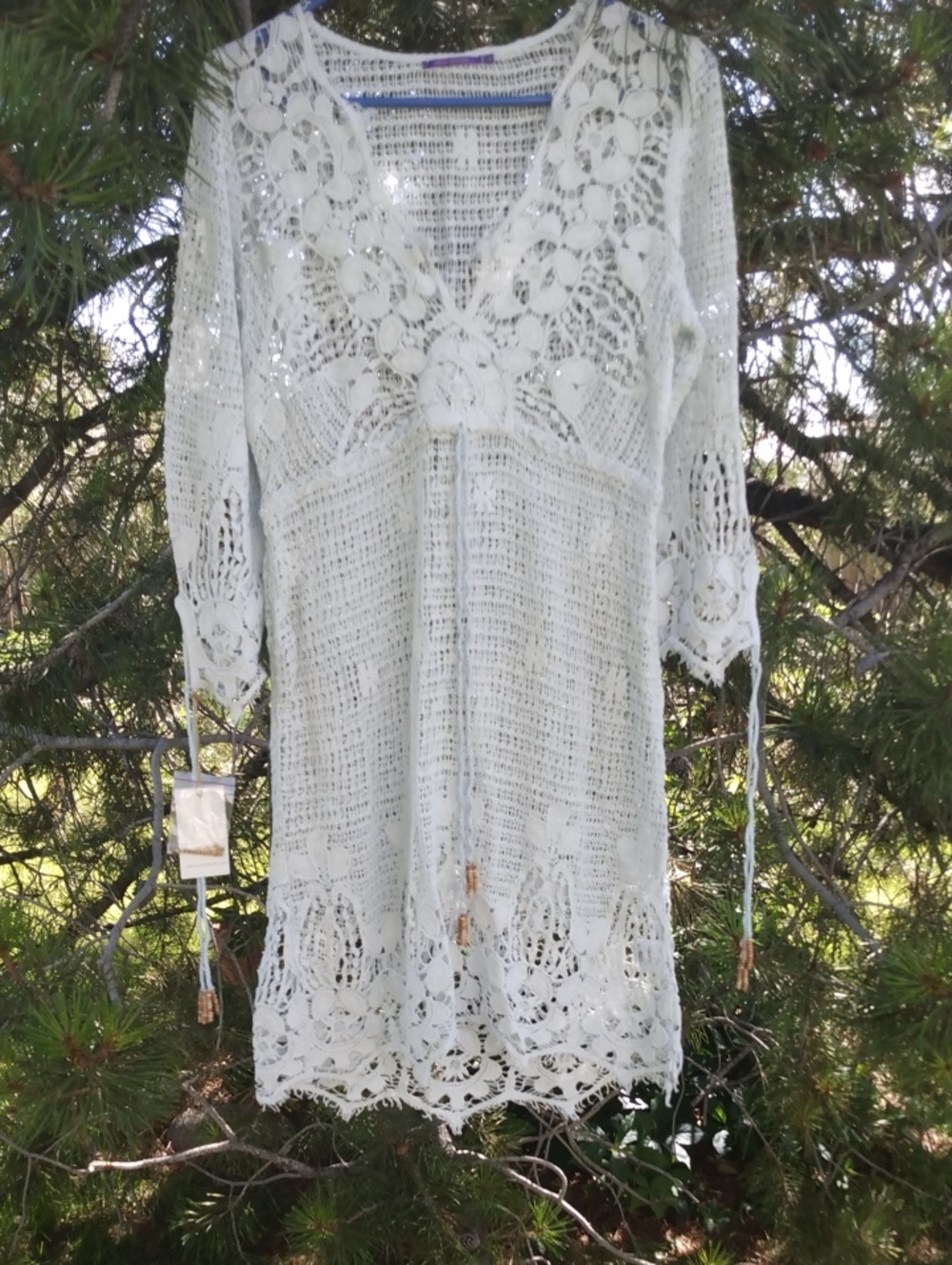 NWT Amita Naithani Light Blue Crochet Open-Knit Beach Cover Up Or Top
